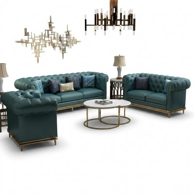 Chesterfield Canapé-Garnitur Couch Polster Sofa 6tlg. Wunnzëmmer Set Dëscher