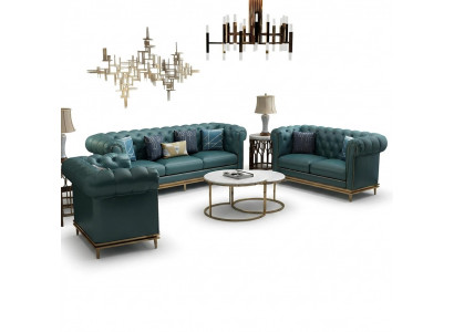 Chesterfield Canapé-Garnitur Couch Polster Sofa 6tlg. Wunnzëmmer Set Dëscher