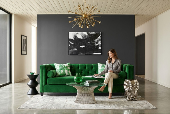 Chesterfield Dräisëtzer Stoff Wunnzëmmer Design Couchen Polster Canapé Canapéë Gréng