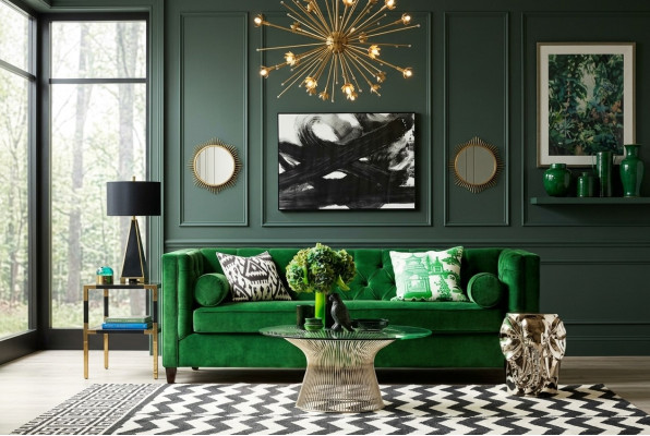 Chesterfield Dräisëtzer Stoff Wunnzëmmer Design Couchen Polster Canapé Canapéë Gréng