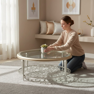 Couchtisch Bäistelltisch Dësch aus Glas Wunnzëmmer Designerdësch Miwwelen Ronn