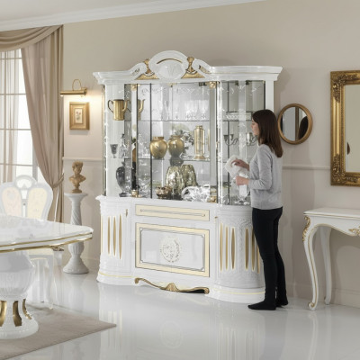 Vitrine Italienesch Miwwelen Wunnzëmmer Schaf Wäiss Gold Glasvitrine Schief Nei