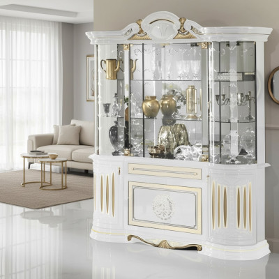 Vitrine Italienesch Miwwelen Wunnzëmmer Schaf Wäiss Gold Glasvitrine Schief Nei