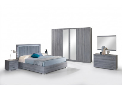 Miwwelen Schlofzëmmer Set Bett 2x Nuetsdësch Kommode Spigel Kleederschaf 6 Deeler.