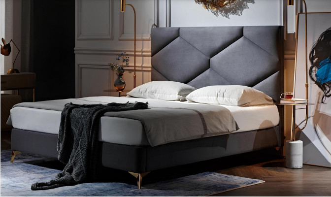 Schlofzëmmer Set Bett + 2x Nuetsdëscher 3 Deeler. Nuetsdësch Miwwel Luxus Hotel Samt