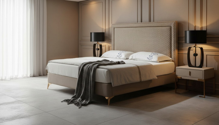 Bett 3tlg. Schlofzëmmer Set Design Luxus Schlofzëmmer Hotel Miwwelen 2x Nopeschdësch