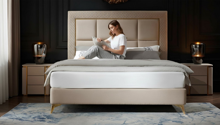 Bett 2x Nuetsdësch 3tlg. Schlofzëmmer Set Design Luxus Schlofzëmmer Komplett Nei
