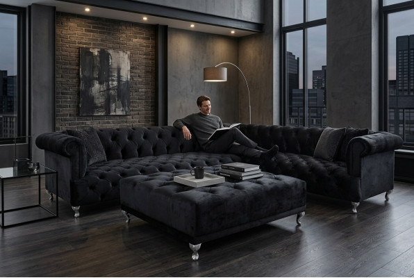 Chesterfield Ecksofa Design Couch Polster Eckgarnitur + Hocker Eckcouch