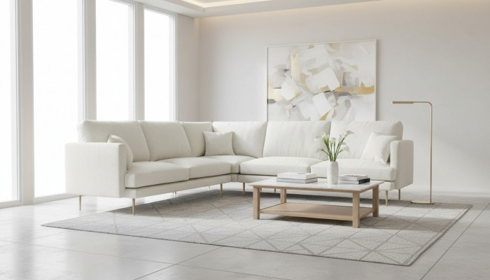 Eleganz a Wäiss fir Ären exklusive Designer Sofa am luxuriéisen L-Form Stil.
