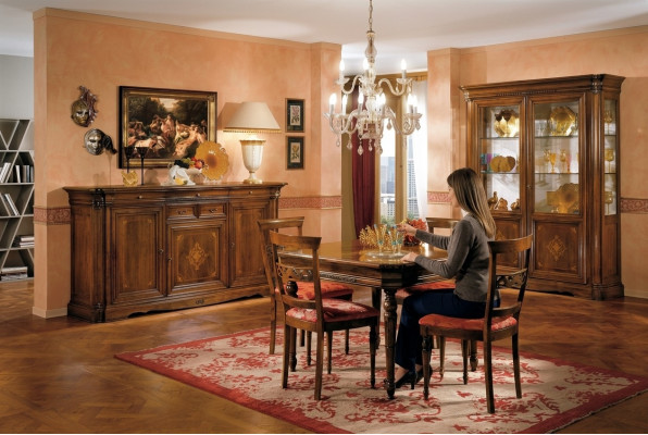 Iesszëmmer Set Iessdësch 4x Stull Kommode Vitrin Garnitur Dësch Grupp 7tlg Miwwelen