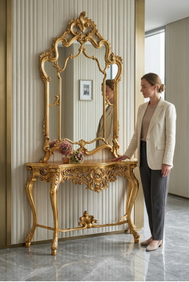 Spigelkonsol Landhausstil Konsol Schminktisch mat Spigel Konsolendësch Gold