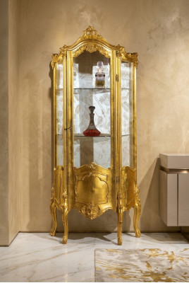 Gëllenen Holzkabinetts Vitrin Glas Schiefchen Regal Vitrine Italienesch Miwwelen nei