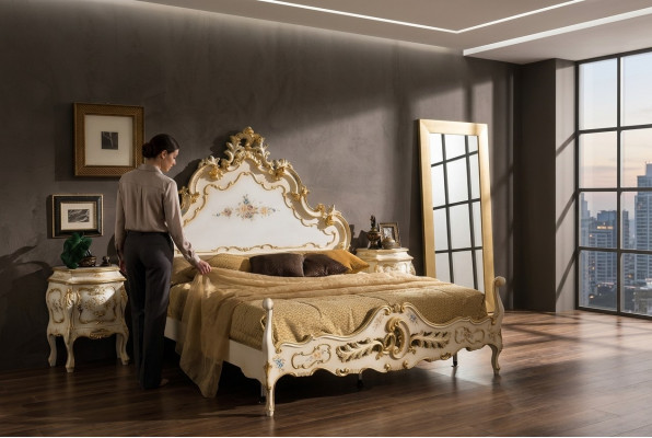 Schlofzëmmer Komplett-Set wäiss Bett, 2x Nuetsdësch Schlofzëmmer Miwwelen Holz Nei