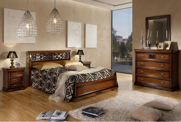 Komplett Schlofkummer Set Holz Brongt Bett 2x Nuetsdësch Kommode Spigel Nei