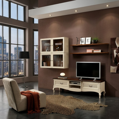 Wohnwand Set 7-deelech. Wunnzëmmer RTV Vitrin Regal Modern Garnitur Grupp Holz Nei
