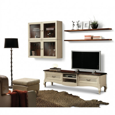 Wohnwand Set 7-deelech. Wunnzëmmer RTV Vitrin Regal Modern Garnitur Grupp Holz Nei