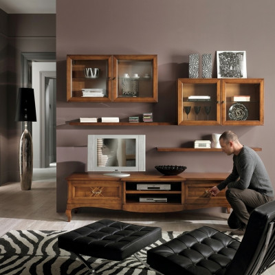 Wunnzëmmer Set Vitrin TV Kommode Couchtisch Kommoden Schaf Holz Nei 7 deeleger.