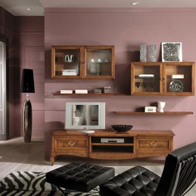 Wunnzëmmer Set Vitrin TV Kommode Couchtisch Kommoden Schaf Holz Nei 7 deeleger.