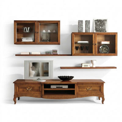 Wunnzëmmer Set Vitrin TV Kommode Couchtisch Kommoden Schaf Holz Nei 7 deeleger.