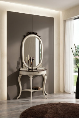 Klassesche Spigel Make-up Dësch Konsol Dësch wäiss Holz Schlofzëmmer Miwwelen 2-Deeler
