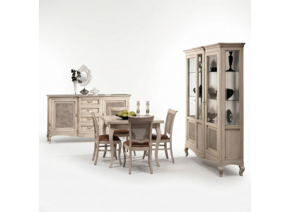 Set aus Holzmiwwelen Komodë 4x Stull Dësch Vitrin Neiegkeet Grupp Iesszëmmer Set 7-tëg.