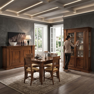Set Holz Miwwelen Kommode 4x Stull Dësch Vitrinn Nei Grupp Iesszëmmer Set 7tlg