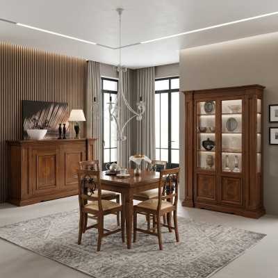 Set Holz Miwwelen Kommode 4x Stull Dësch Vitrinn Nei Grupp Iesszëmmer Set 7tlg