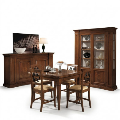 Set Holz Miwwelen Kommode 4x Stull Dësch Vitrinn Nei Grupp Iesszëmmer Set 7tlg