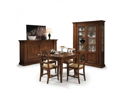 Set Holz Miwwelen Kommode 4x Stull Dësch Vitrinn Nei Grupp Iesszëmmer Set 7tlg