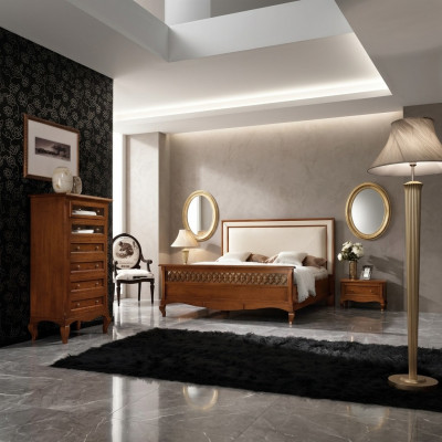 Luxus Schlofzëmmer Set 4tlg. Bett 2 Nuetsdëscher Komod Massivholz Miwwelen Italien