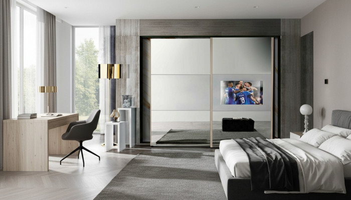 Kleeder Schaf Schief Kleeder Schaf Luxus Holz Schiefdüren TV mat Fernsehersatz.