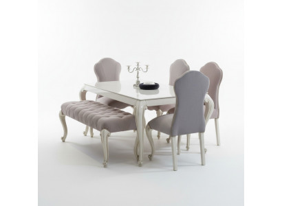 Iesszëmmer Set Design Garnitur 6tlg. Holz Miwwelen 4x Stull Dësch Hocker Grupp Neij