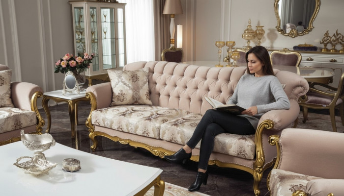 Luxus Dräisëtzer Sofa 3 Sëtz Sëtzer Stoff Couch Miwwelen Stil Textil Italien.