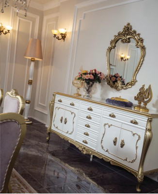 Design Iesszëmmer Set 8-deeler Iessdësch Stull Kommode Vitrin Spigel