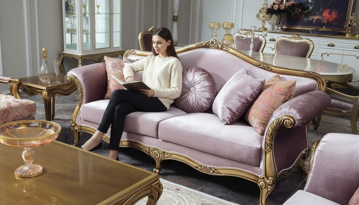 3-Sëtz Sofa Lila Textil Sofas Couch Polster Luxus klassesch Dräisëtzer
