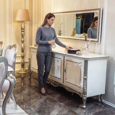 Sideboard Wäiss Sëlwer Anrichte Konsol Kommode Italienesch Stil 2stéck Spigel