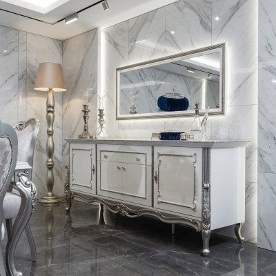 Sideboard Wäiss Sëlwer Anrichte Konsol Kommode Italienesch Stil 2stéck Spigel