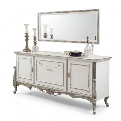 Sideboard Wäiss Sëlwer Anrichte Konsol Kommode Italienesch Stil 2stéck Spigel