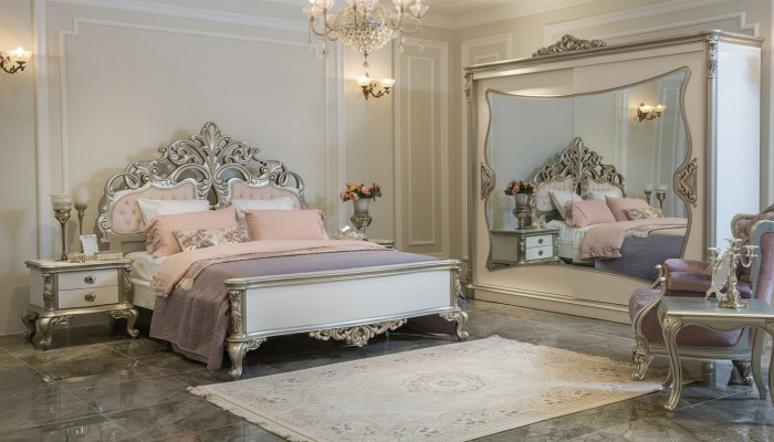 Schlofzëmmer Set Luxusbett 2x Nuetsdësch Kleederschaf Fotell 6 Deeler.