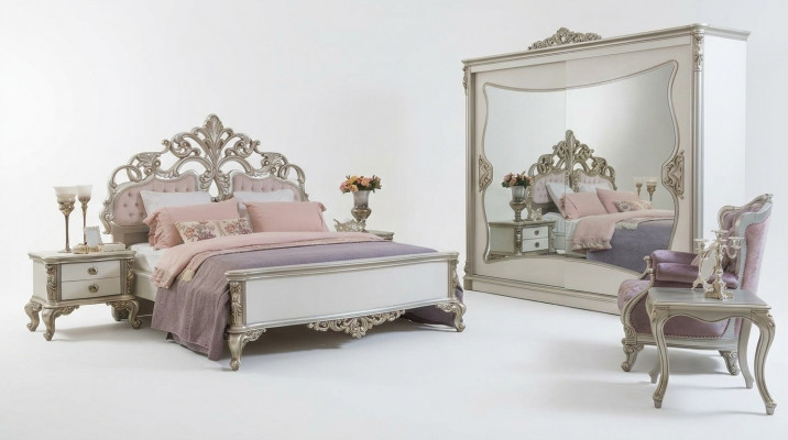 Schlofzëmmer Set Luxusbett 2x Nuetsdësch Kleederschaf Fotell 6 Deeler.