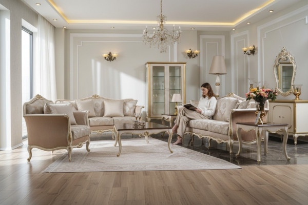 Luxus Dräisëtzer Sofa 3 Sëtzer Sofasen Sëtz Design klassesch Couchen Beige