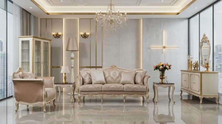 Luxus Dräisëtzer Sofa 3 Sëtzer Sofasen Sëtz Design klassesch Couchen Beige