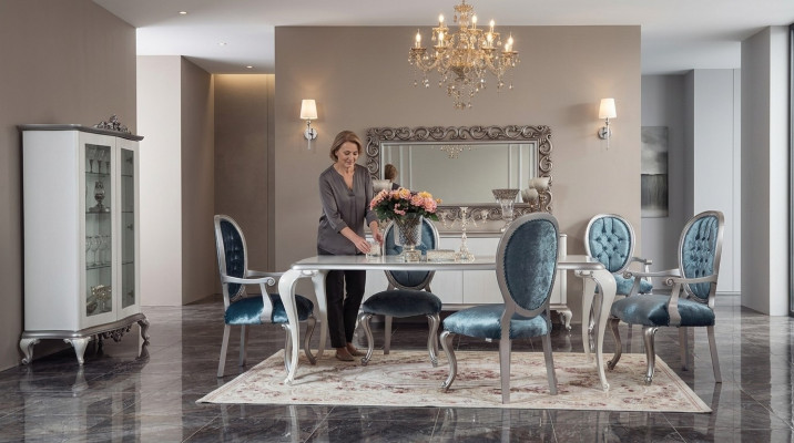 Design Iesszëmmer Set 8-Deeler Stull Kommode Vitrin Spigel Iessdëscher Holz