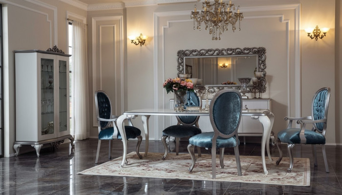 Design Iesszëmmer Set 8-Deeler Stull Kommode Vitrin Spigel Iessdëscher Holz
