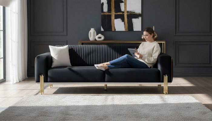 Dreiesëtzeger Canapé Miwwelen Samt Designer Gold Metall Gepolstert Modern Couchen Nei