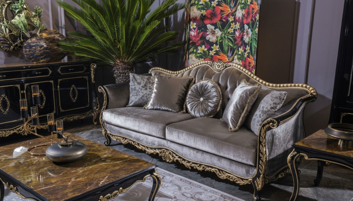 Klassesche Luxus Sofa 3 Sëtzer Sofas Sëtz Stoff Design Canapé Stil Textil