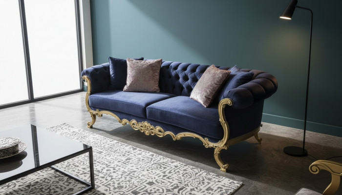 Chesterfield Dräisëtzer Canapé am luxuriéisen bloe Faarf fir d'Wunnzëmmer