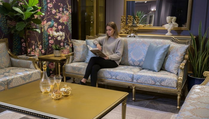 Dräisëtzer Canapé Fotràil Sofa 3 Sëtz Luxus Sofa Zëmmer Bloen Dräisëtzer