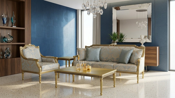 Dräisëtzer Canapé Fotràil Sofa 3 Sëtz Luxus Sofa Zëmmer Bloen Dräisëtzer