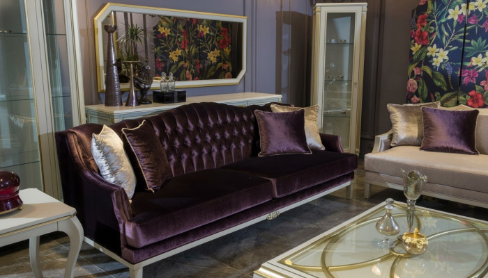 Lila Chesterfield Barock Miwwelen Dräisëtzer Sofa Textil Canapé Nei